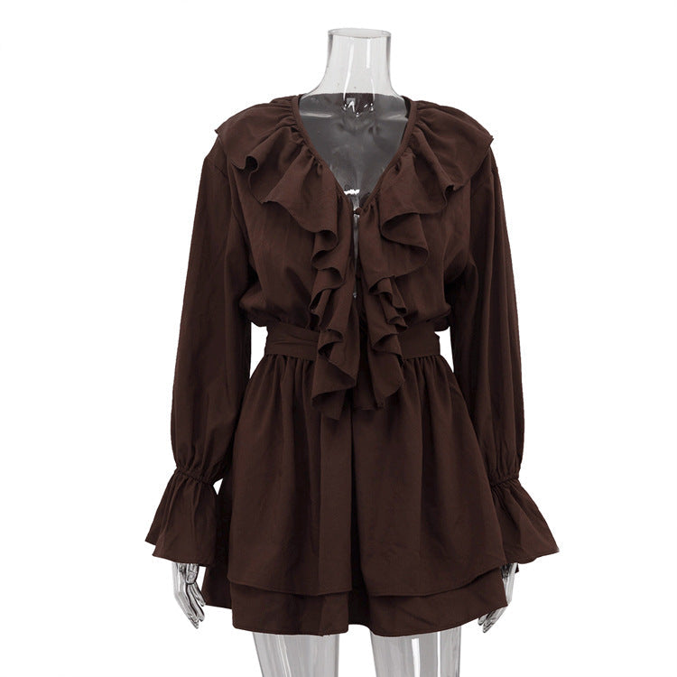 Elegant French Style Ruffle V-Neck Short Dress