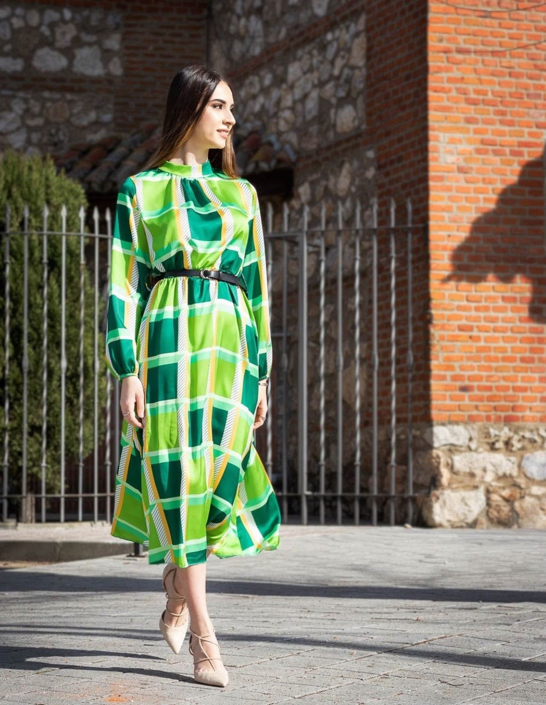 Mid-Sleeve Print Cinched-Waist A-Line Dress Oversized Women'S Maxi Dress