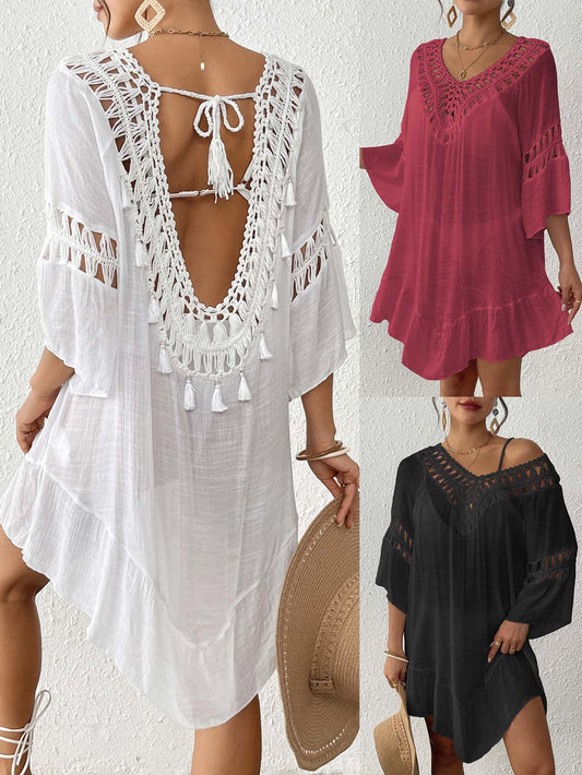 Women'S Crochet Fringe V Back Bikini Cover-Up Dress