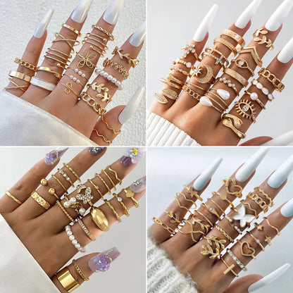 Trendy Leaf Heart Rings Geometric Pearl Joint Stacking Ring Set