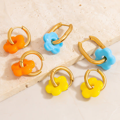 Colorful Flower Stainless Steel Earrings with 18K Gold Plating