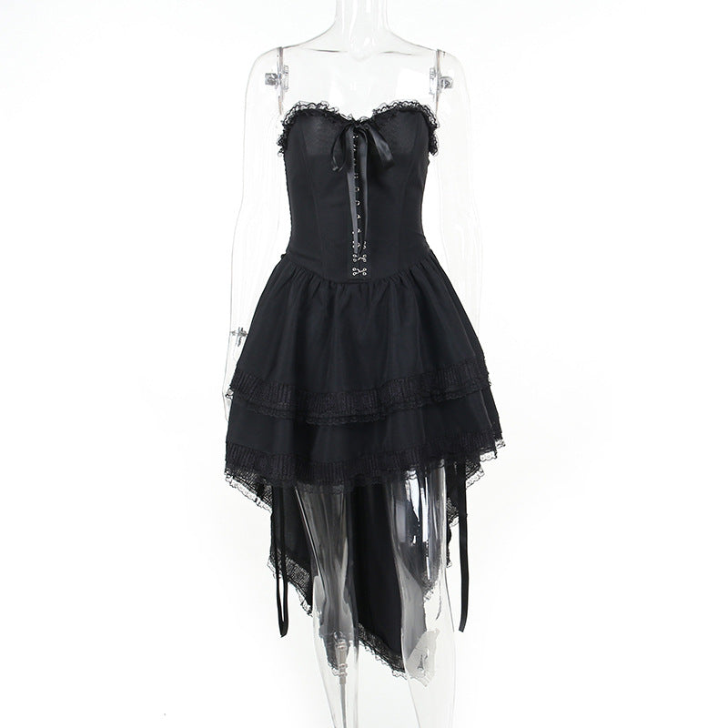 Gothic Style Black Draped Strapless Maxi Dress
