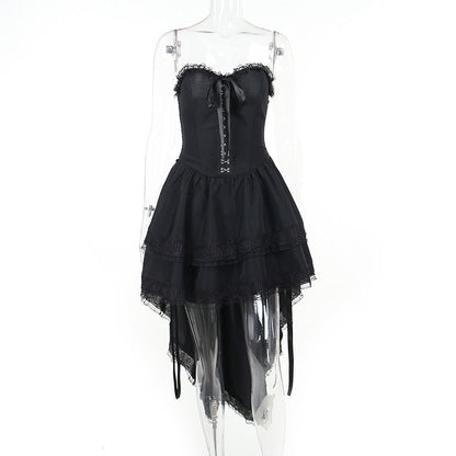 Gothic Style Black Draped Strapless Maxi Dress
