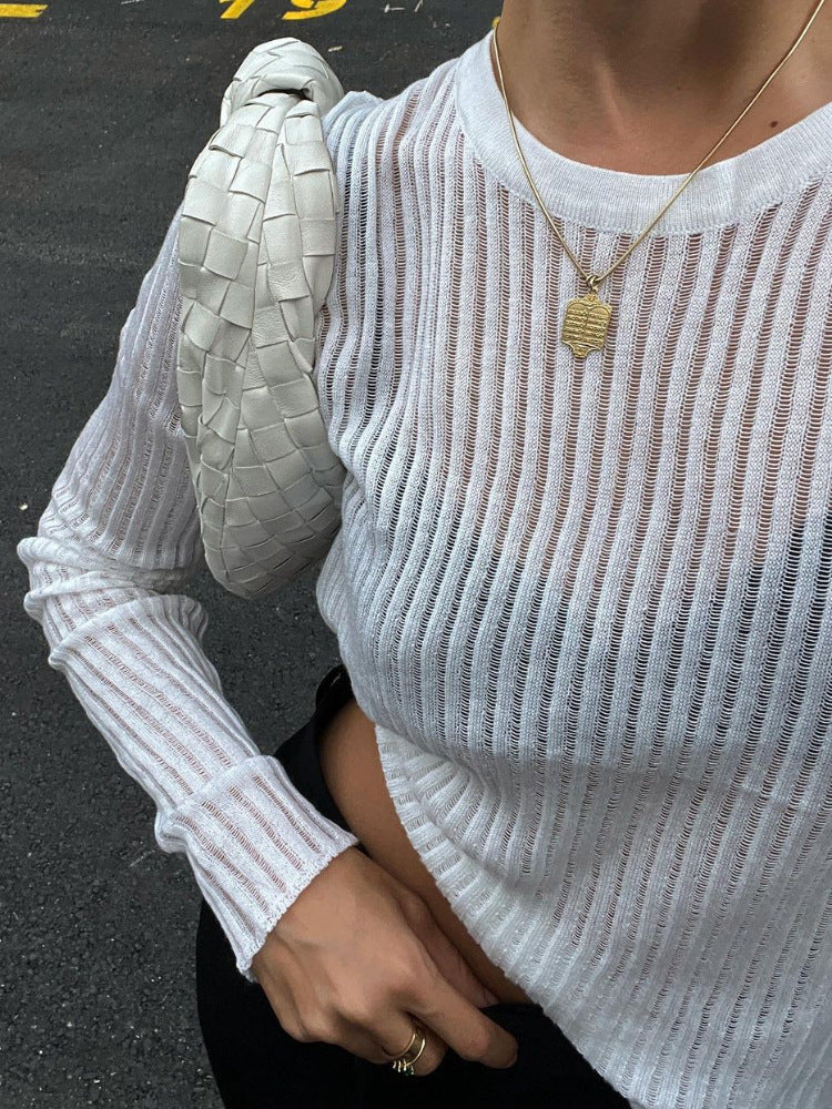 Hollow Knit Sweater Casual Slim Fit Wool Long Sleeve Top