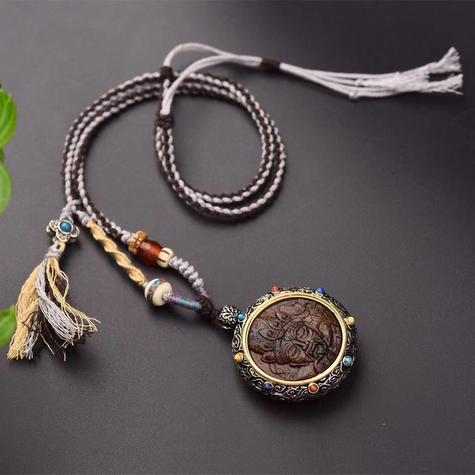 Women'S Versatile Retro Necklace National Jewelry Wood Nine Tailed Fox Zhajilam Green Tara Thangka Necklace