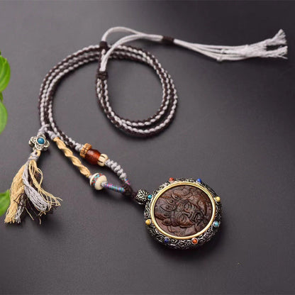 Women'S Versatile Retro Necklace National Jewelry Wood Nine Tailed Fox Zhajilam Green Tara Thangka Necklace