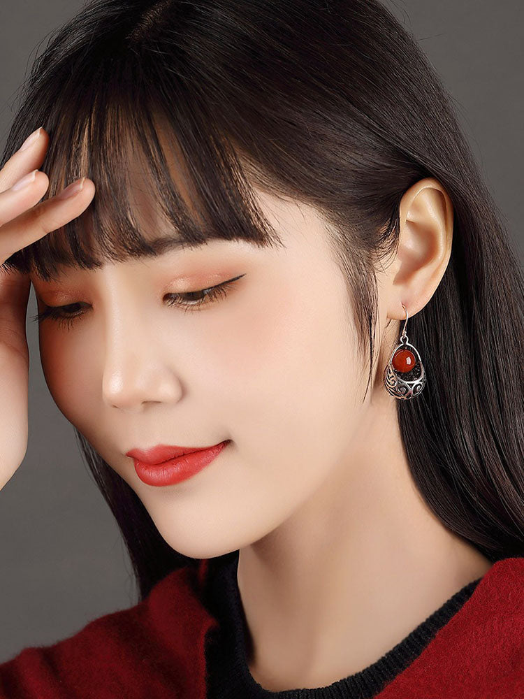 Red Agate Folk Earrings Silver Earrings Retro Earrings With Cheongsam Sterling Silver Temperament Earrings