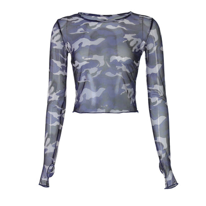 Women's Camouflage Mesh Long Sleeve T-Shirt Trendy Streetwear