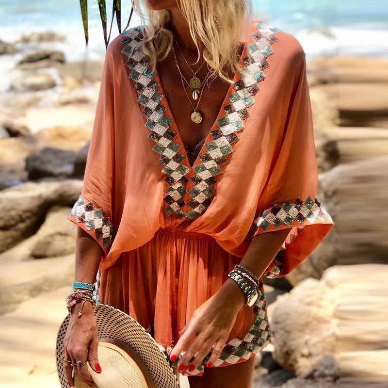 Floral Print Maxi Dress V-Neck Polyester Beachwear