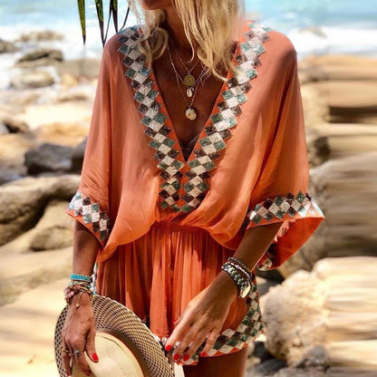 Floral Print Maxi Dress V-Neck Polyester Beachwear