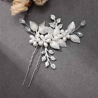 Silver Leaf Handmade Pearl Crystal U-Shaped Hairpin Wedding Hair Accessory