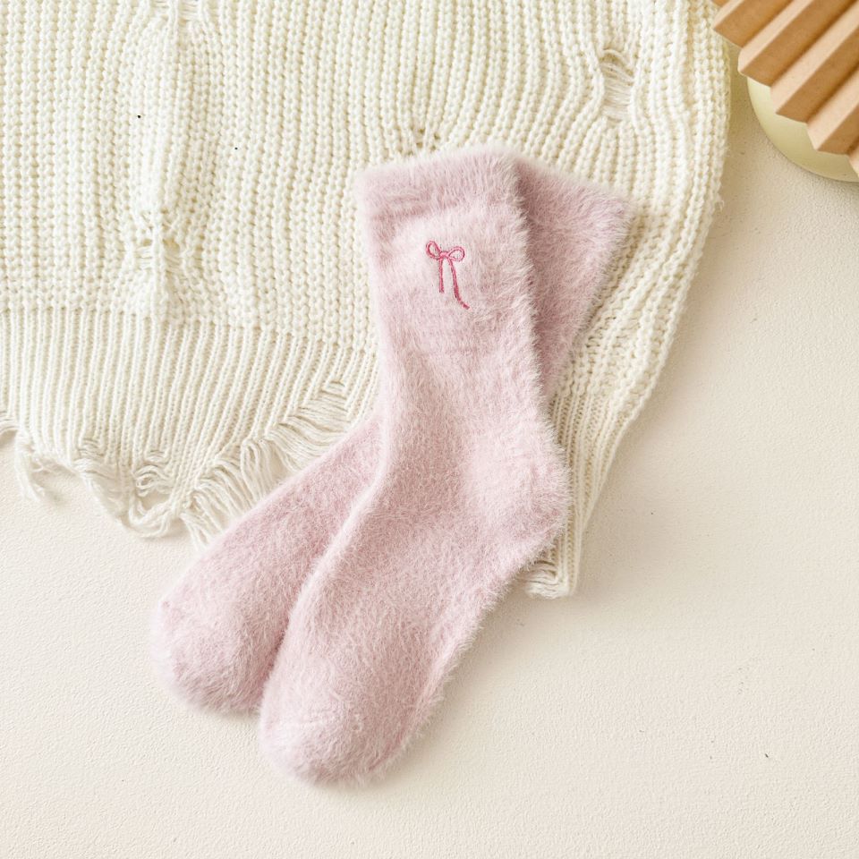 Winter Bow Embroidered Thick Plush Crew Socks