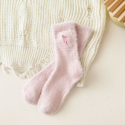 Winter Bow Embroidered Thick Plush Crew Socks
