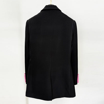 Double-Breasted Satin Long Blazer With Bow Tie
