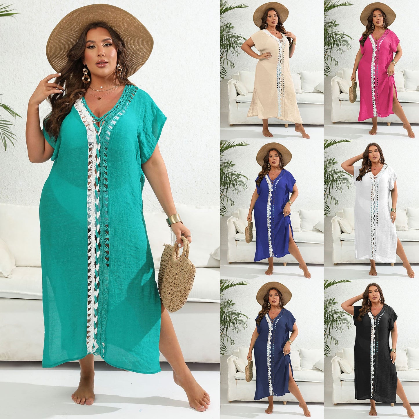 Vacation Beach Tunic Color Block Deep V Cut-Out Dress