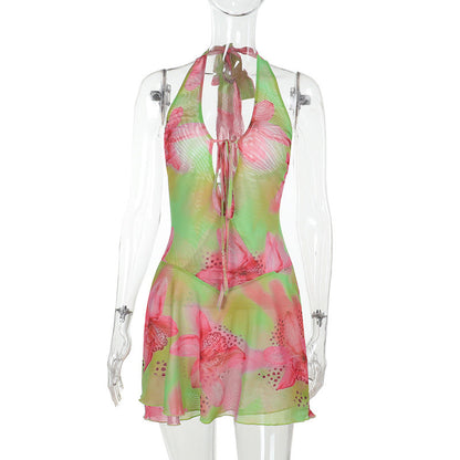 Green Floral Backless Midi Dress Summer Casual Style