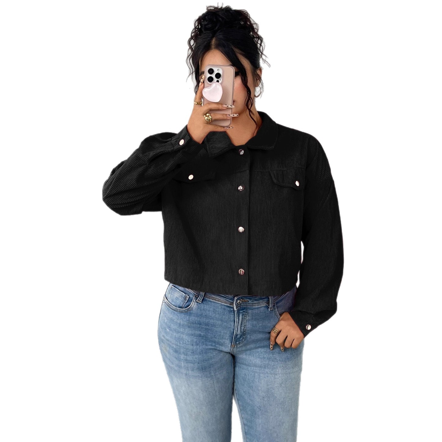 Casual Corduroy Jacket With Polo Collar And Lantern Sleeves