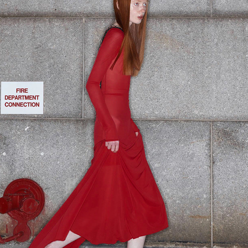 Fashionable Trendy Long Sleeve Sheer Backless Maxi Dress