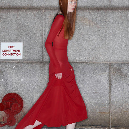 Fashionable Trendy Long Sleeve Sheer Backless Maxi Dress