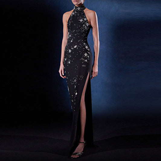 Beaded Long Dress with Neck Halter Design