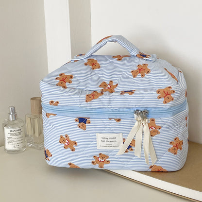 Cute Pink Striped Bear Makeup Bag Portable Cartoon Toiletry Pouch