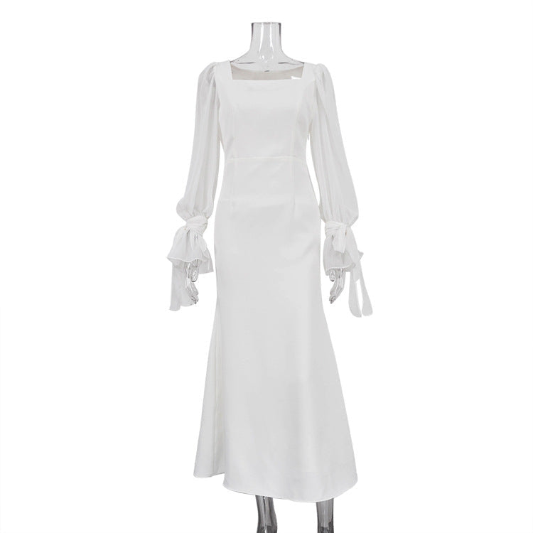 French Style Square Neck Sheer Mesh Flare Sleeve Bodycon Dress