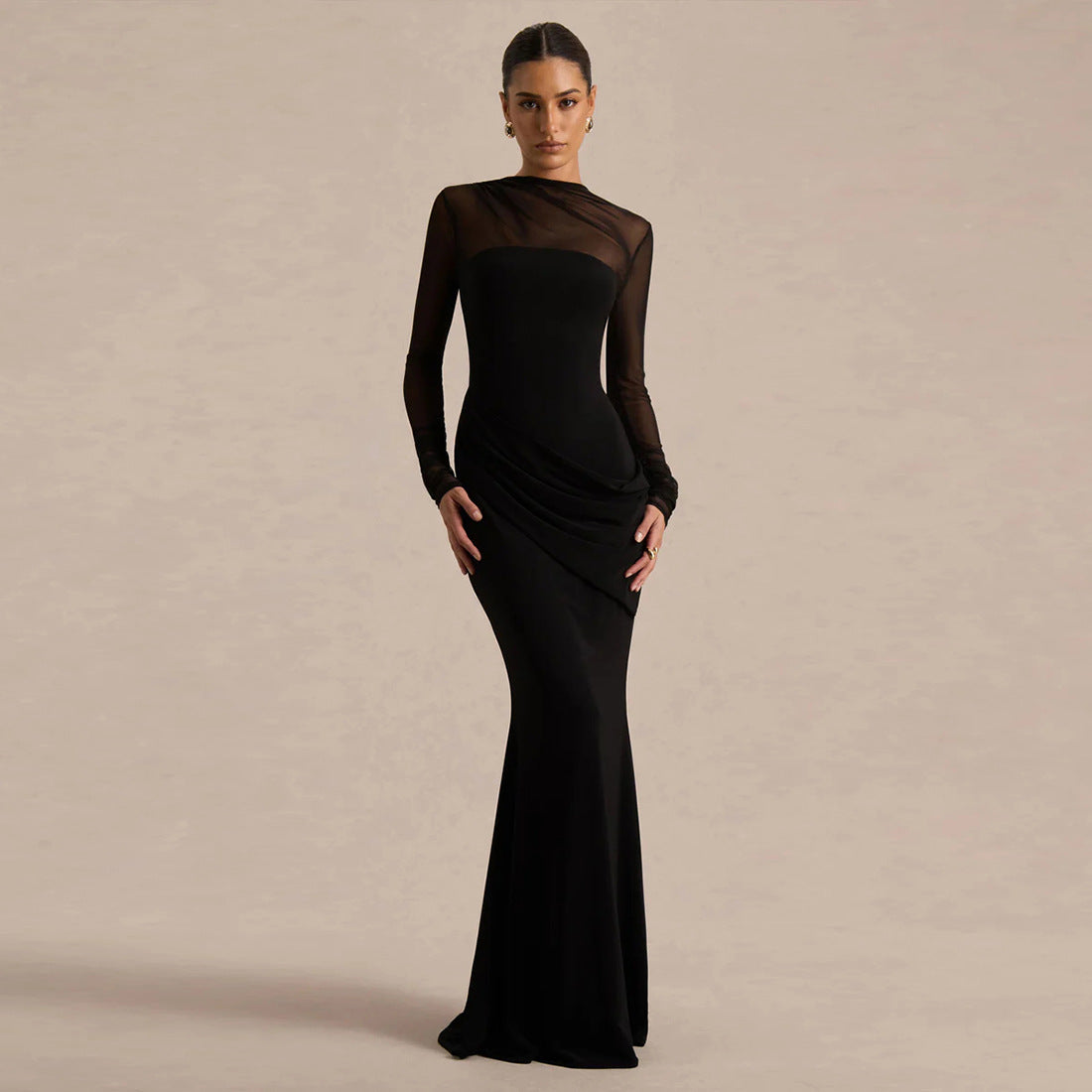 Elegant High-Waisted Sheer Long Sleeve Dress
