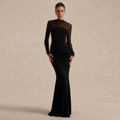 Elegant High-Waisted Sheer Long Sleeve Dress