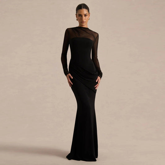 Elegant High-Waisted Sheer Long Sleeve Dress