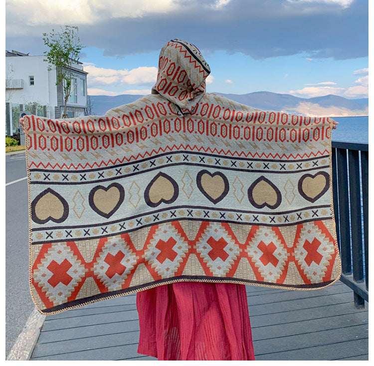 Tibetan Ethnic Shawl Women'S Autumn Hooded Cloak Air-Conditioned Room Warm Cloak Scarf