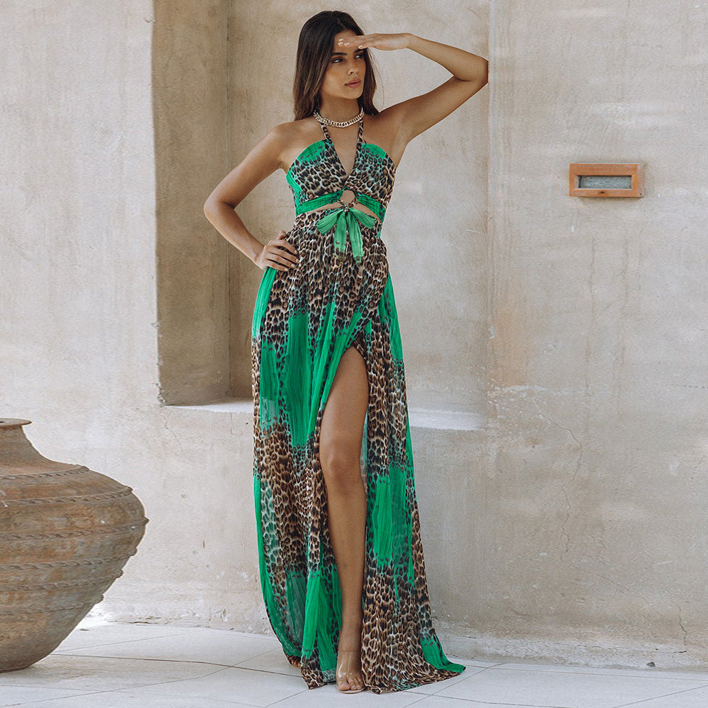 Sexy Leopard Print Backless Dress Chiffon Pendulum Bohemian Long Dress
