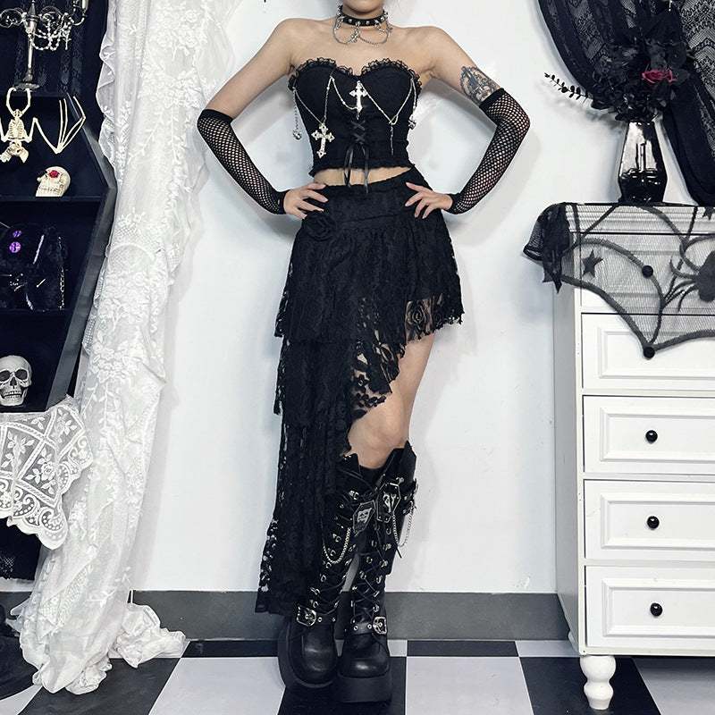 Sexy Gothic Strapless Top with Lace and Chains