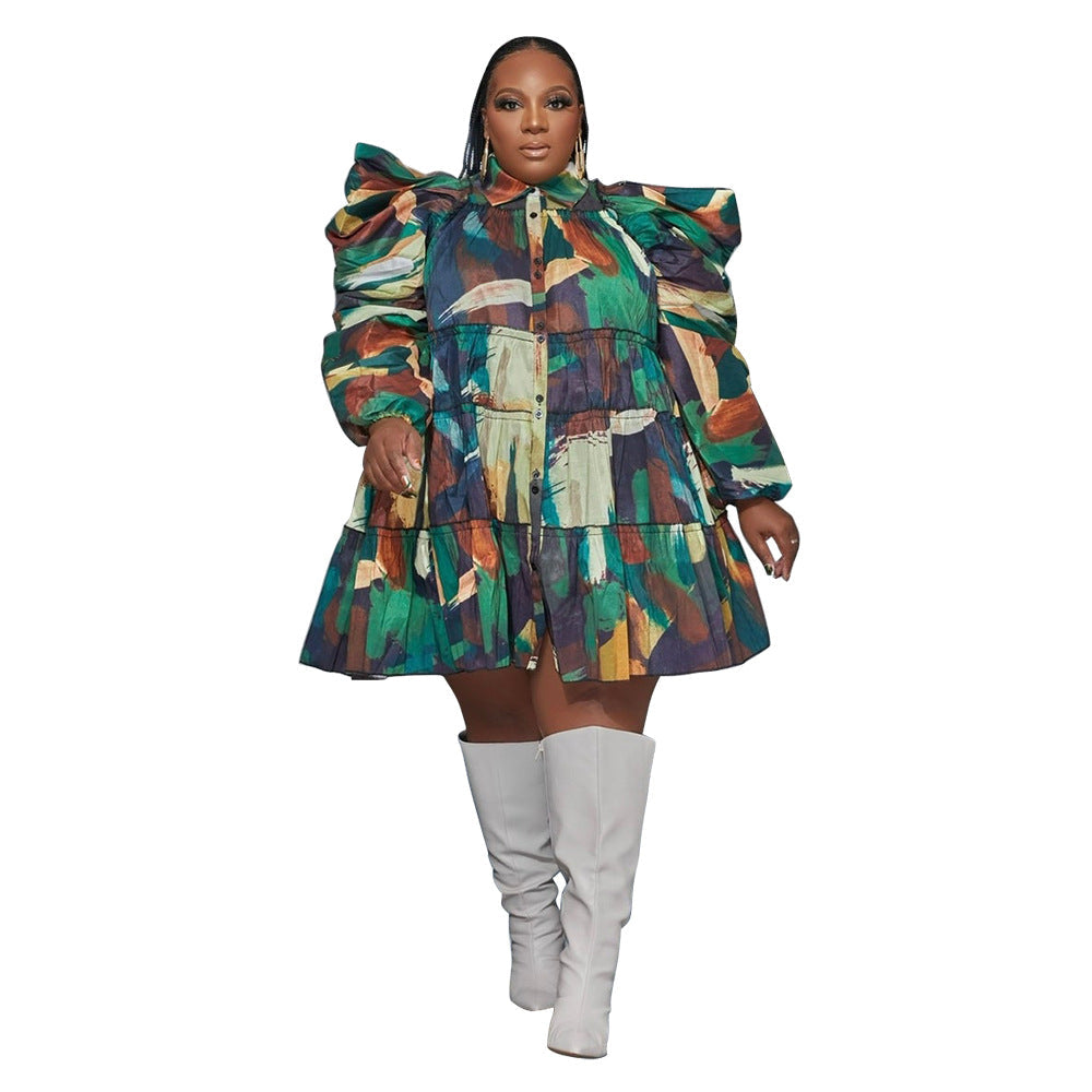 Fashionable Floral Ruffle Button-Up Dress Plus Size