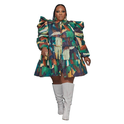 Fashionable Floral Ruffle Button-Up Dress Plus Size