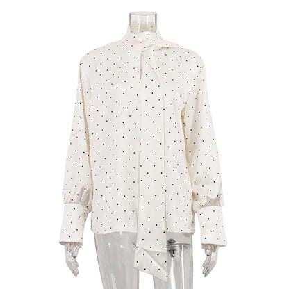 Polka Dot Satin Blouse with Tie Front Elegant Long Sleeve Shirt