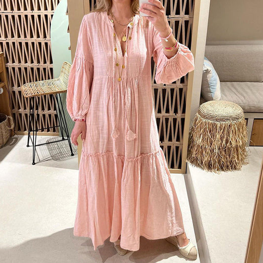 Spring New Cross Border Women'S Fashion V-Neck Bubble Sleeve Bohemian Cotton Hemp Dress