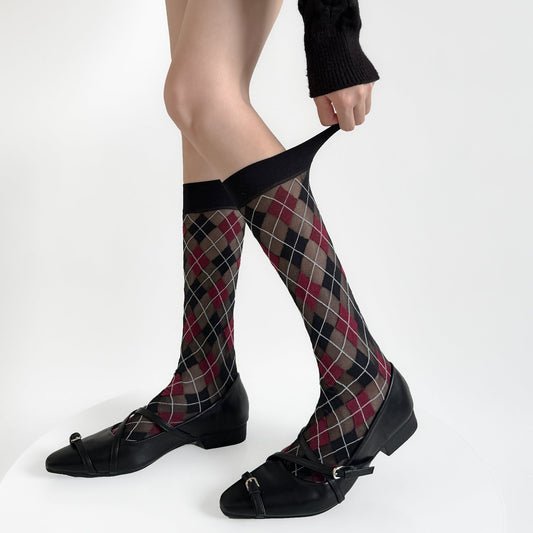 Vintage Plaid Color Block Sheer Calf Socks