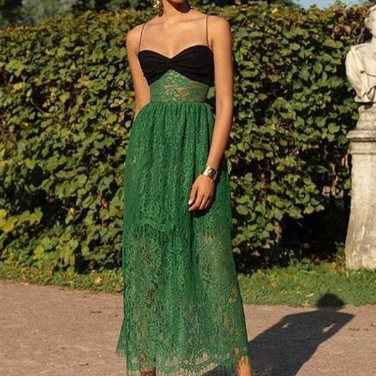 New Women'S Dress Suspender Sexy Lace Green Cutout Resort Multi-Layered Maxi Dress