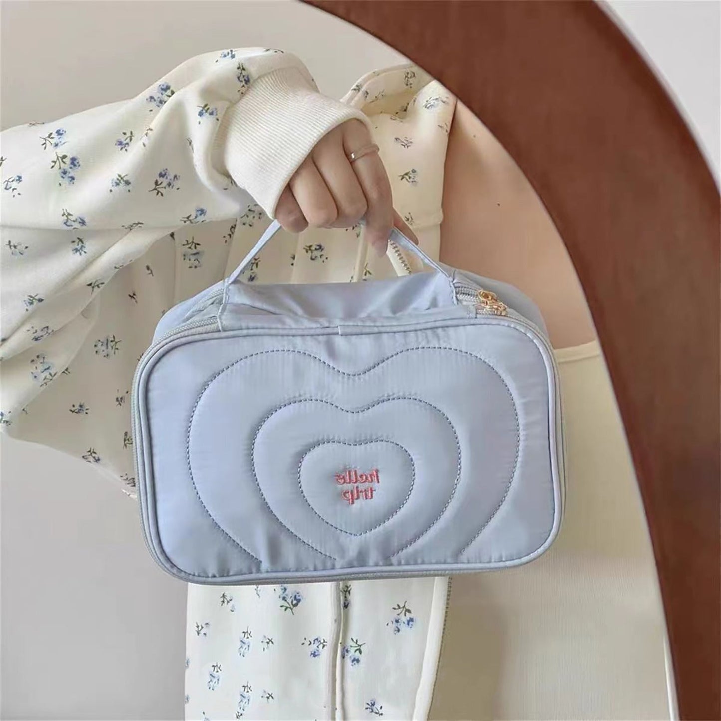 Salt Blue Portable Makeup Bag Embroidered Travel Organizer
