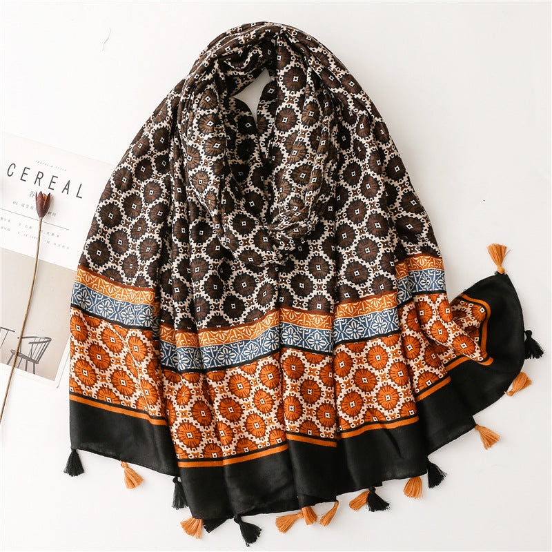 Autumn And Winter Thickened Warmth Scarf Satin Cotton Positioning Copper Money Grass Braided Silk Scarf Cotton Hemp Hand Feel Sunscreen Shawl