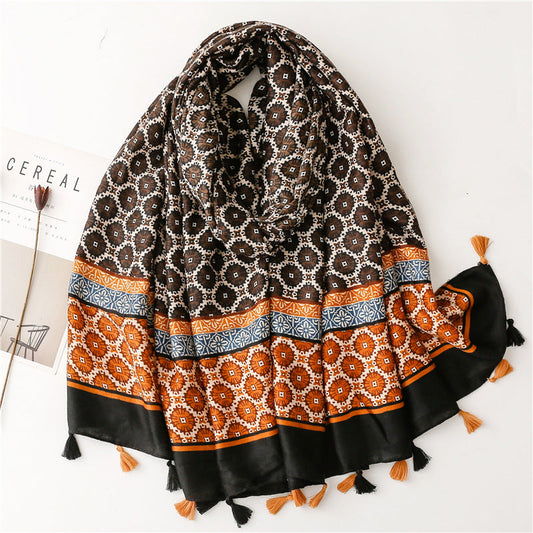 Autumn And Winter Thickened Warmth Scarf Satin Cotton Positioning Copper Money Grass Braided Silk Scarf Cotton Hemp Hand Feel Sunscreen Shawl