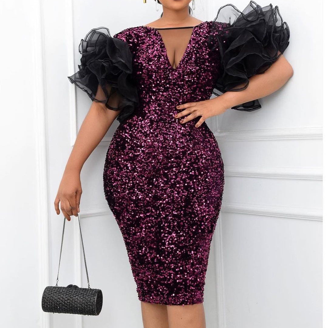 New Velvet Sequin Mesh Stitching Package Hip Dress Skirt Dress
