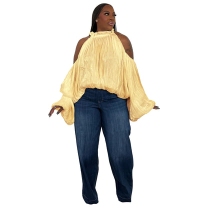 Off-Shoulder Lantern Sleeve Top Elegant Casual Blouse