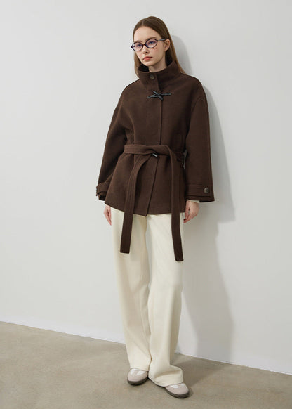 Belted Wool Toggle Coat Dark Brown Tailored