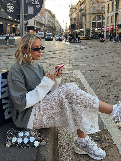 White Lace A-Line Skirt Trendy Casual Summer Dress