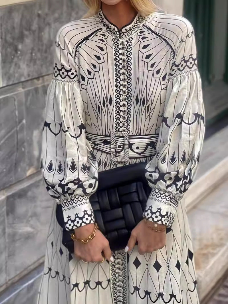 Casual Retro Lantern Sleeve Belted Linen Dress