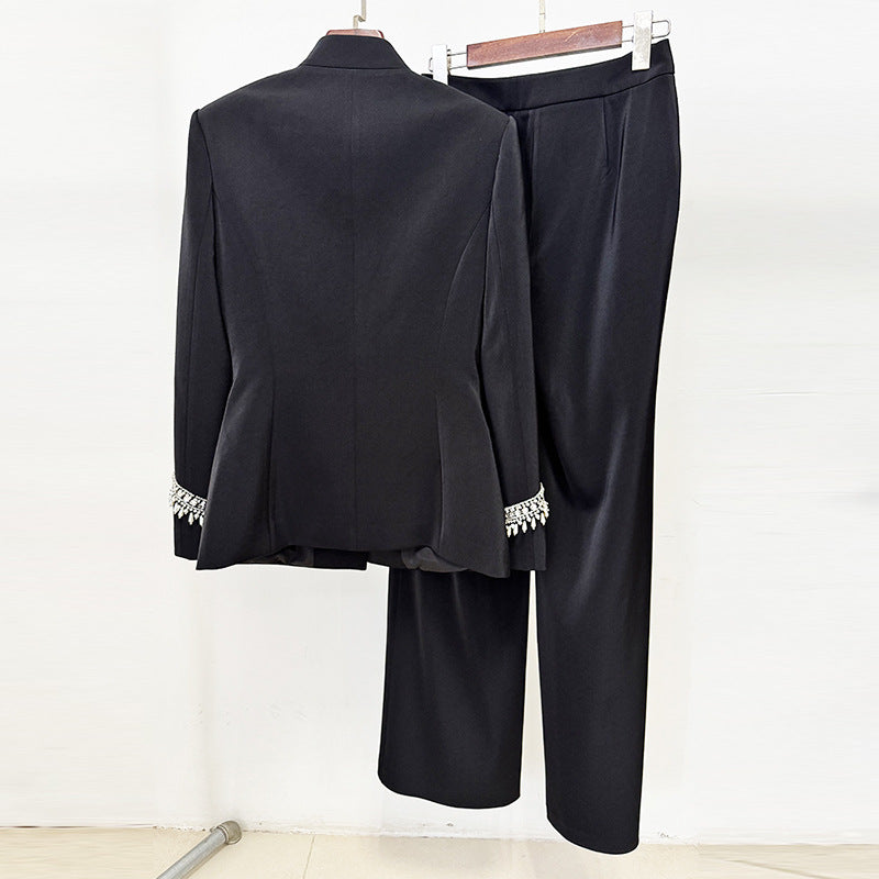 Trendy Black Beaded Jacket And Pants Set
