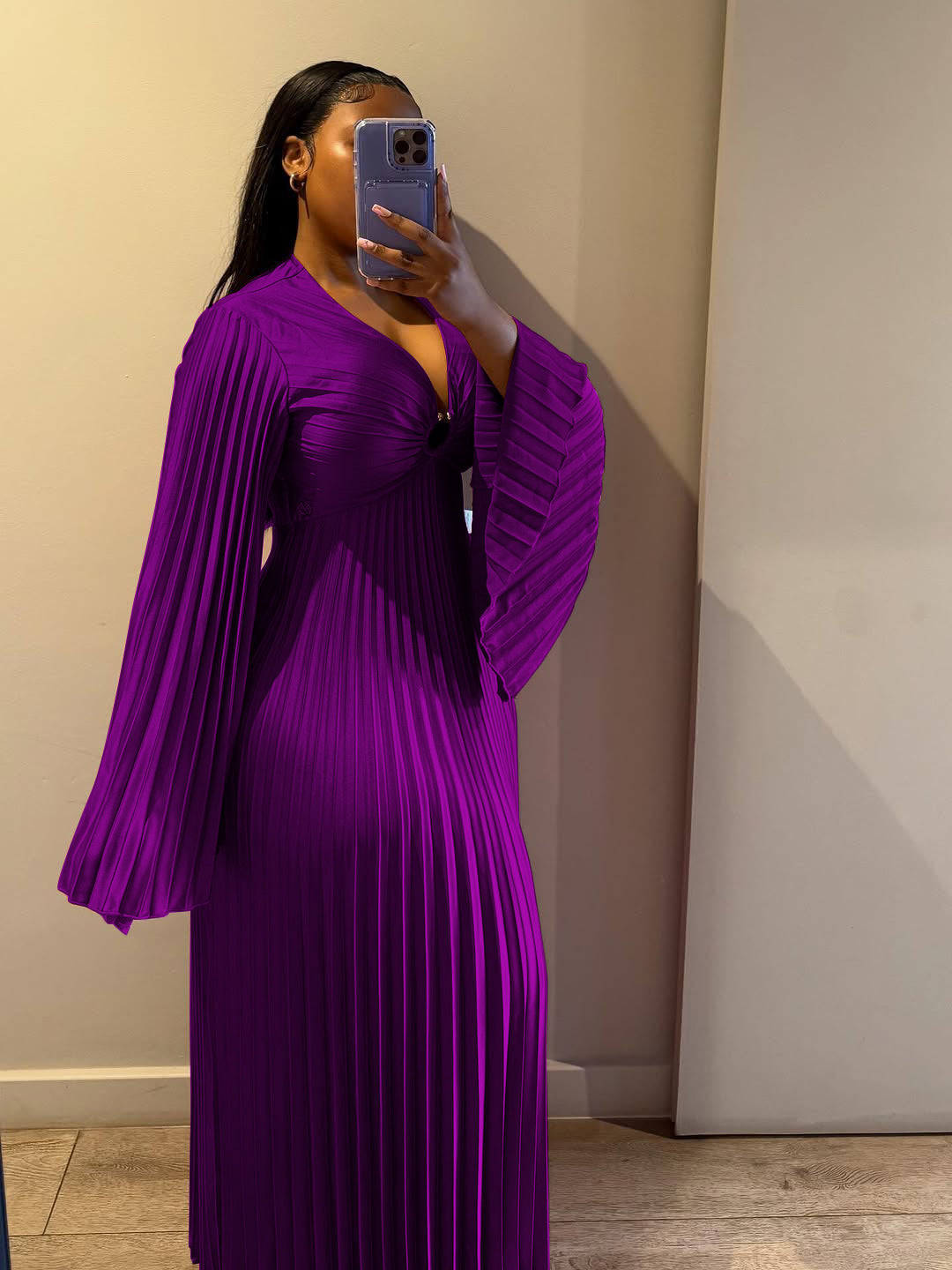 Elegant Solid V-Neck Long Sleeve Dress For Women