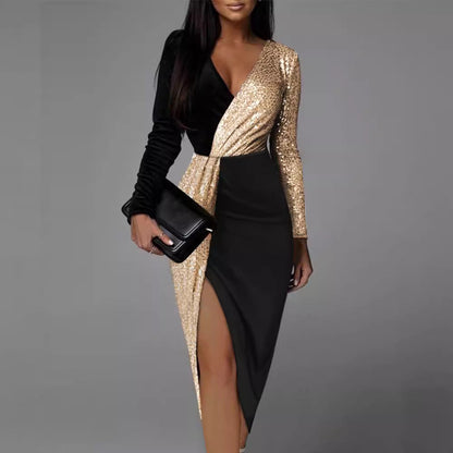 Two-Tone High Waist Midi Dress With Long Sleeves