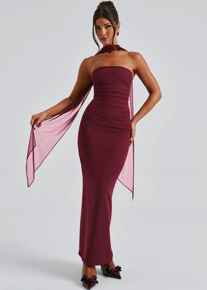 Maxi Dress Stretch Fabric Halter Neckline Burgundy